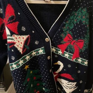 Navy Holiday Cardigan with Red and White Accents